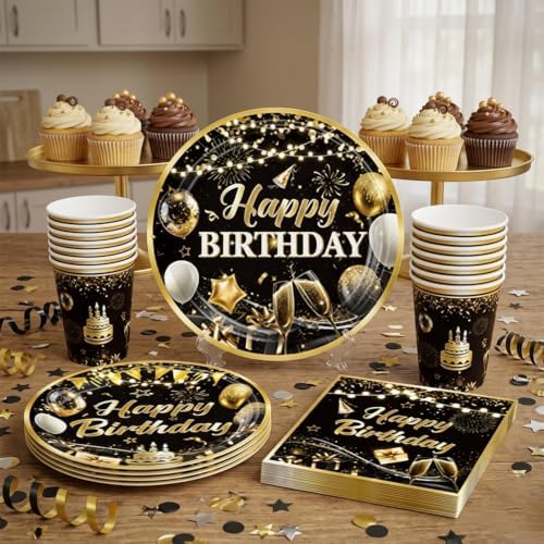 206pcs Black and Gold Birthday Decorations Men Set, for 25 Guests - Image 5