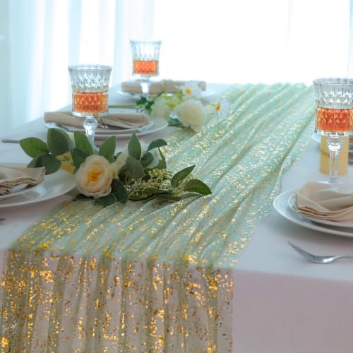 10Pcs Sage Green Gold Table Runner 10Ft Metallic Foil Shimmer Sheer Gauze - Image 4
