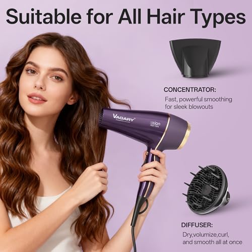 VAGARY Hair Dryer with Diffuser Concentrator, 2200W Professional Salon Ionic Blow Dryer for Frizz Free Smooth Hair, Featuring 2 Speeds and 2 Heat Settings, Cool Shot Button（Purple） - Image 4