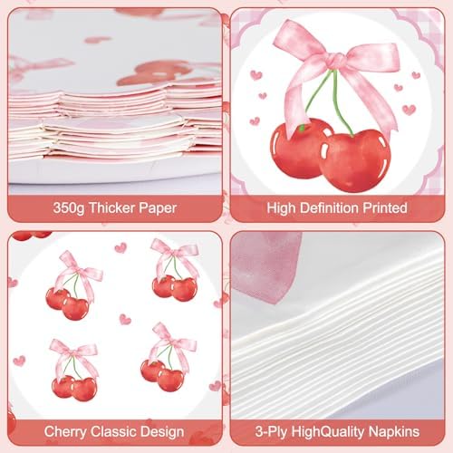 40 Pcs Cherry Birthday Decorations - Pink Bows Plates and Napkins Party Supplies, Disposable Scalloped Bowknot Paper Dinner Plates Napkins Sets for Fruits Cherry Table Party Decor Favors, Serves 20 - Image 4
