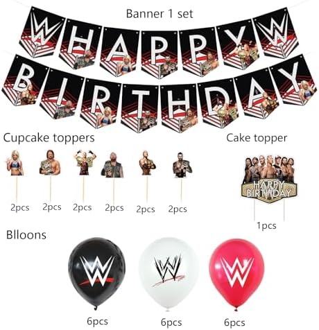 Wrestling Birthday Decorations, Wrestling Party Supply include Happy Birthday Banner, Cake Topper, Cupcake Toppers, Balloons for Kids Adults Party Decorations (Black) - Image 2