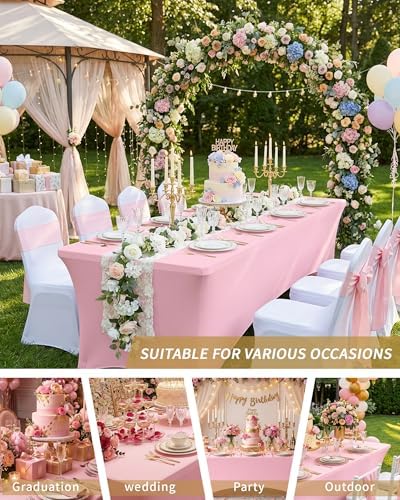 Fixwal 6 Pack 8FT Pink Tablecloth Rectangle Spandex Fitted Table Cover - Image 7