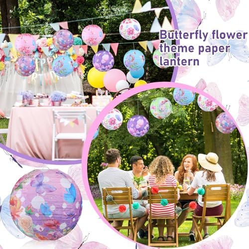 Panelee 12 Pcs Butterfly & Floral Theme Party Decorations Floral Hanging Paper Lanterns 8 Inches Round Flower Paper Lanterns for Summer Tea Party Ceiling Garden Wedding Bridal Decor Supplies - Image 4