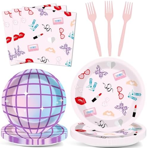 96Pcs Era's Birthday Party Plates and Napkin Women Music Birthday Party Supplies Iridescent Disco Dessert Plates Music Tableware Set for 24 Guest Bachelorette Decorations by CHUNNIN