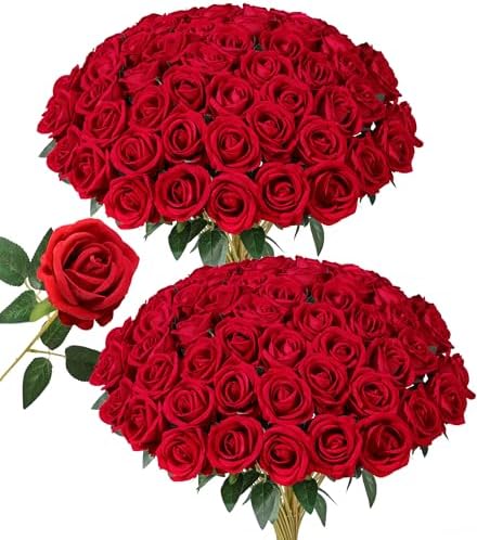 50 PCS Red Roses Artificial Flowers, Fake Roses with Stems Realistic Silk Roses for DIY Wedding Bouquets Tables Centerpieces Arrangements Baby Shower Birthday Home Decor Valentine's Day Gift for Her by HyeFloraartificialflowers