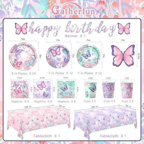 Butterfly Birthday Party Supplies Set - Includes Disposable Plates, Cups, Napkins, Tablecloth, and Banner | Butterfly Party Decorations for Girls Birthday Celebration,Serve 24 - Image 2