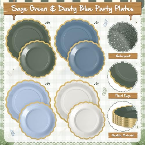 Mimorou 169 Pcs Dusty Blue and Sage Green Plates and Napkin Party Supplies - Image 4