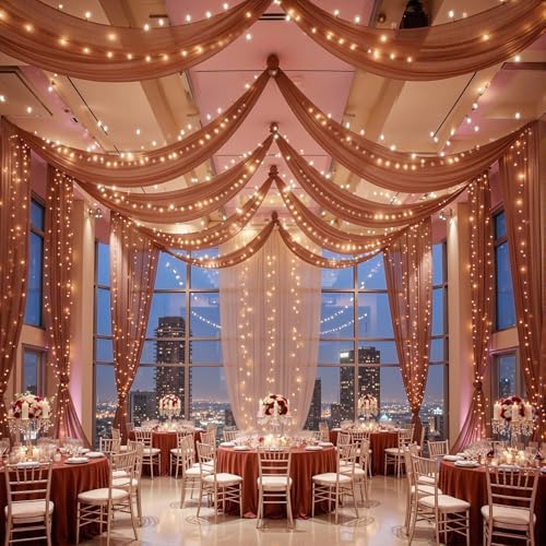12 Panels Terracotta Ceiling Curtains with Lights for Weddings - 5ftx30ft Wrinkle-Free Tulle Fabric Wedding Arch Draping Ceiling Drapes Decorations for Wedding Party Ceremony Stage Tent Event - Image 6