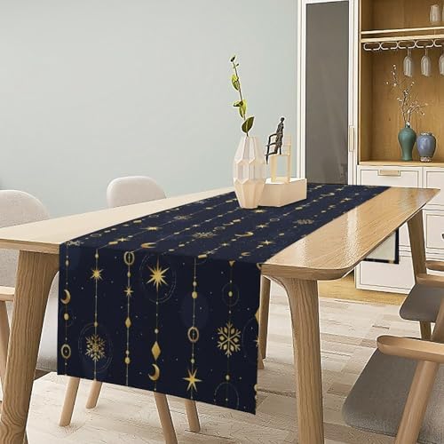 Magical Moon Table Runner Vintage Gold Crescents Stars Snowflakes Christmas Style Dinner Runner for Farmhouse Party Holiday Home Kitchen Dining Table Decoration 13"x120" - Image 2