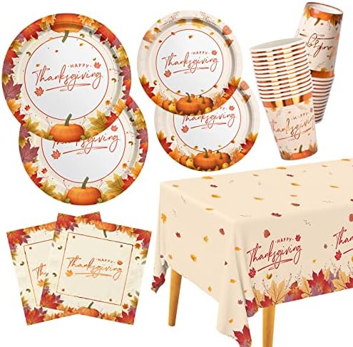 Thanksgiving Plates and Napkins Gatherfun Maple Leaves Disposable Paper Plates Napkins Cups plastic Tablecloth for Thanksgiving Dinner Party Decorations Serve 25 by Gatherfun