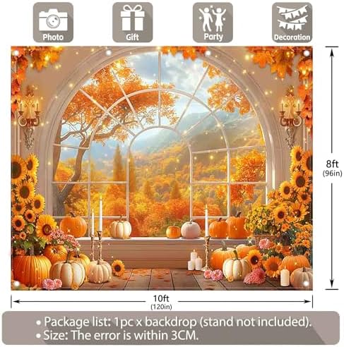 10x8ft Fabric Fall Window Pumpkin Sunflower Photography Backdrop - Image 3