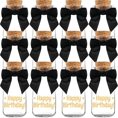 Ethisa Vintage 12 Pack Adult Birthday Party Favors Glass Bottles with Ribbons and Stickers - Classy Happy Birthday Favors and Table Centerpieces Decorations - Sturdy Candy Jar for Guests and Kids by Ethisa