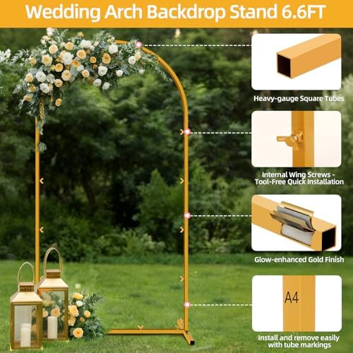 6.6 FT Wedding Arch Backdrop Stand for Party, Balloon Arch Stand, Wedding Arches for Ceremony, Metal Gold Arch Frame Backdrop Stand for Bridal Baby Showers Birthday Decoration Photo - Image 2