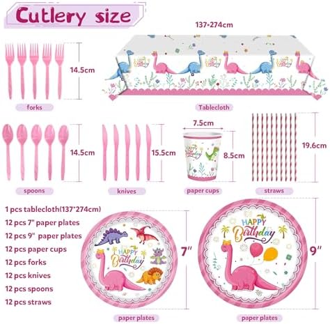 150 pcs Dinosaur Birthday Party Supplies For Girls (Serves 12), Pink Dinosaur Party Decorations, 50 pcs Latex Balloons, 12 sets Tableware, Plates, Tablecloth, Installation Tools - Image 5