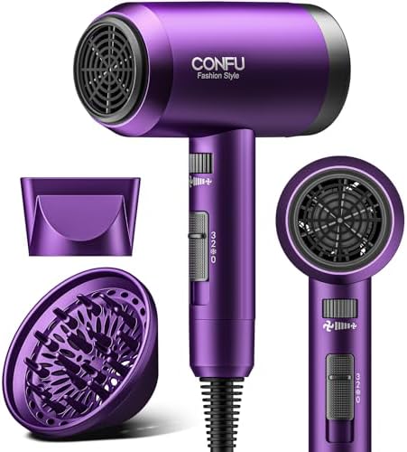Hair Dryer with Diffuser, CONFU Ionic Blow Dryer 1600W, Portable Lightweight Fast Drying Negative Ion Hairdryer, 3 Heat Settings with Diffuser and Concentrator Nozzle for Home & Travel by CONFU