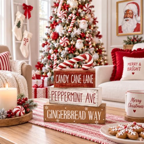Moucuny 4 Pcs Christmas Table Decor Candy Cane Lane Sign, Wood Block Set - Image 4