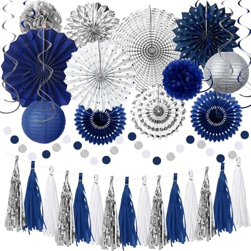 Meiduo 34 Pcs Blue Silver Party Decorations, Fans Lanterns Pom Poms Set by MEIDUO