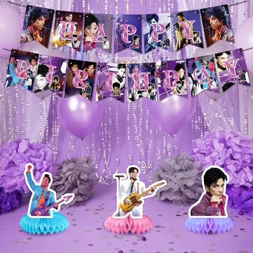 Prince Singer Party Decorations, Rock Singer Theme Birthday Banner Honeycomb Centerpieces Hanging Swirls Party Latex Balloons for Fans Birthday Baby Shower Party Supplies - Image 6
