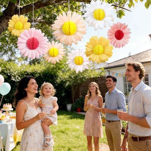 SUNBEAUTY Daisy Flower Hanging Decoration 9Pcs Pink and Yellow Daisy Honeycomb Paper Flower Decorations for Spring Summer Wall Birthday Wedding Classroom Backdrop Garden Tea Party Decor - Image 2