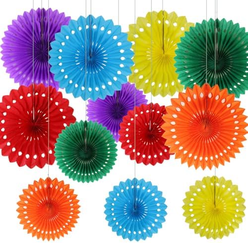 12PCS Colourful Paper Fans Party Decorations,Rainbow Hanging Ceiling Honeycomb Round Tissue Paper Fans for Mexican Engagement Fiesta Cinco De Mayo Party Decorations by CC+wonderland+zone