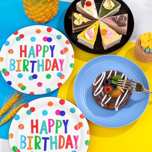50PCS Birthday Plates and Napkins Party Decorations, 7inch Colorful Dots Happy Birthday Dessert Plates Cake Plate Disposable Paper Tableware Dinnerware Set for Birthday's Party Supplies - Image 2