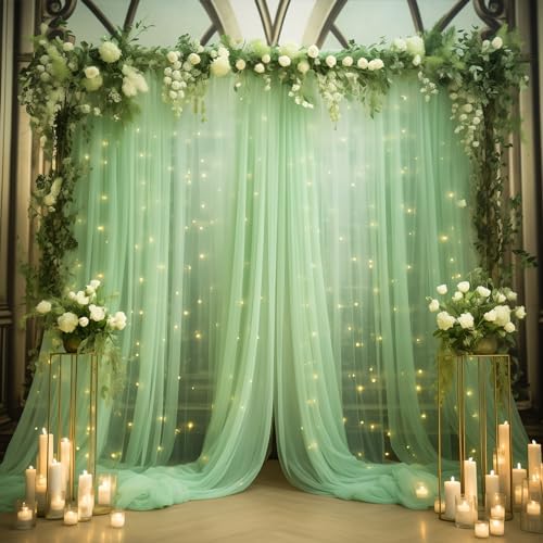 20x10ft Green Tulle Backdrop Curtain with Lights String for Parites, Sheer Photo Backdrop Curtains with Lights for Wedding Backdrop Ceremony Reception Bridal Shower Baby Shower Birthday Party - Image 2