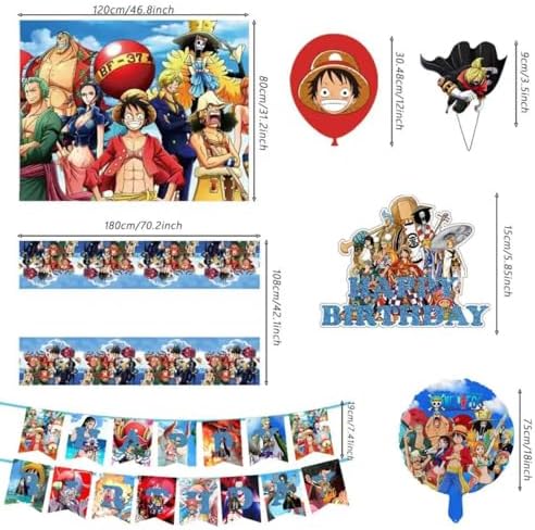 45Pcs For One Piece Birthday Party Supplies: 1 Banner, 1 Tablecloth, 1 Backdrop, 1 Cake Topper, 24 Cupcake Toppers, 15 Balloons, 2 Aluminum Balloons for Kids Boys Theme Party Decorations - Image 4
