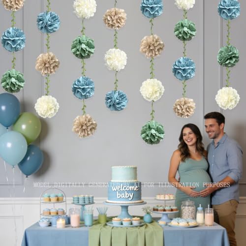 Sage Green Dusty Blue Khaki Beige Tissue Paper Flowers Pom Pom with Leaf Ribbon Hanging Garland Streamer for Birthday Wedding Shower Engagement Silly Goose Themed Party Decorations Supplies - Image 6