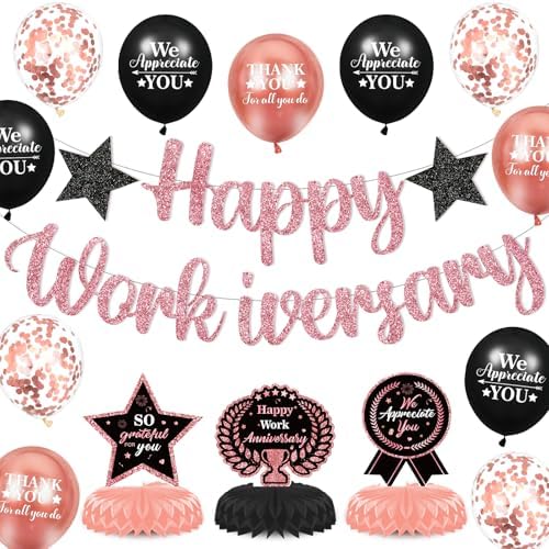 Happy Work Anniversary Decorations for Men Women Black Rose Gold Happy Workiversary Banner Honeycomb Centerpieces Balloons Decor for Office Employee Worker Anniversary Appreciation Supplies by LUUFILx