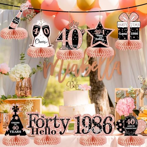 9Pcs 40th Birthday Decorations Honeycomb Centerpieces for Women, Rose Gold Pink Happy 40th Birthday Centerpieces Tables Toppers Party Decorations Supplies, Vintage 1986 Aged Table Sign Decor - Image 5
