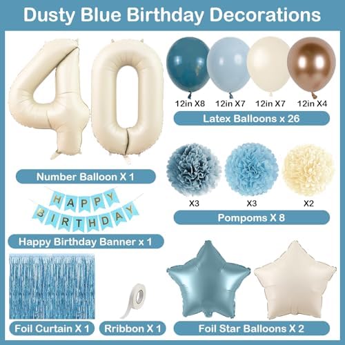 Dusty Blue 40th Birthday Party Decorations Men Beige Number 40 Balloon - Image 4