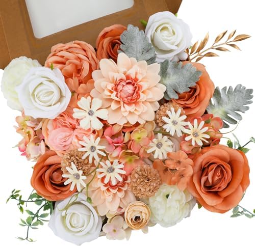Floweroyal Artificial Flowers Combo Champagne Flowers Mix Silk Flowers Dahlia Roses with Stems for DIY Wedding Bridal Bouquets, Baby Shower, Floral Arrangement, Table Centerpieces, Home Decorations. by FloweroyalCrafts