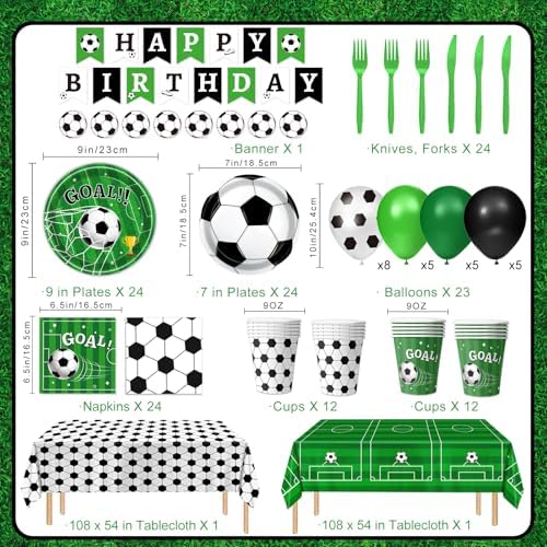 170 PCS Soccer Party Decorations, Soccer Birthday Party Decorations - Includes Plates, Napkins, Cups, Banner, Balloons, Tablecloth, Knives, Forks for Sports Soccer Theme Party Decorations, Serve 24 - Image 2