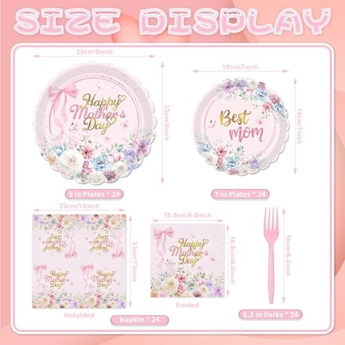 96 Pieces Mother’s Day Floral Tableware Set – Pink Scalloped Disposable Plates, Napkins and Forks for Mother’s Day Party, Brunch, Tea Party, and Spring Celebrations – Serves 24 Guests - Image 2