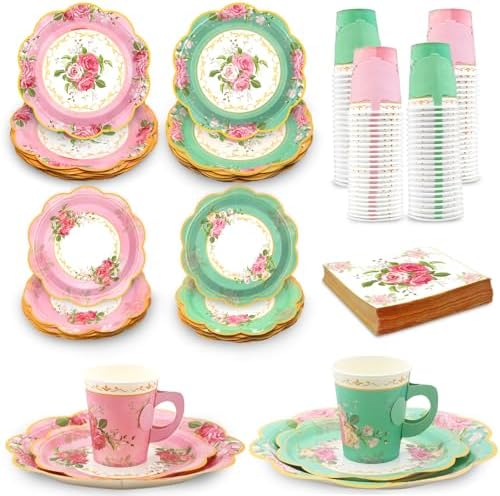200Pcs Floral Tea Cups and Saucers for Tea Party Supplies, Disposable Tea Cups with Handle and Paper Napkins Dinnerware for Floral Theme Birthday Wedding Bridal Shower Baby Shower（Pink Green） by EggSun
