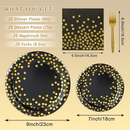 100 Pcs Black and Gold Paper Plates and Napkins Party Supplies,Serves 25 Guests Black Gold Plates and Napkins,Disposable Paper Tableware Set for Birthday Graduation Retirement Decorations - Image 2