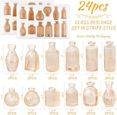 Champagne Bud Vases in Bulk 24 Packs Amber Glass Vase for Decor Centerpieces, Small Ribbed Vases for Flowers Stripe Modern Bud Vases Vintage Vases for Floral Wedding Party Table Decoration Home Decor - Image 2