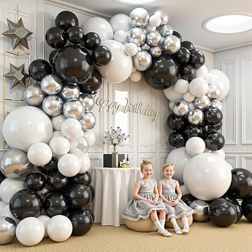 412Pcs Black and Silver White Balloon Arch Kit, 18 12 10 5 Inch Different Size Black and Silver White Balloons for Graduation Birthday Wedding Party Decorations - Image 7