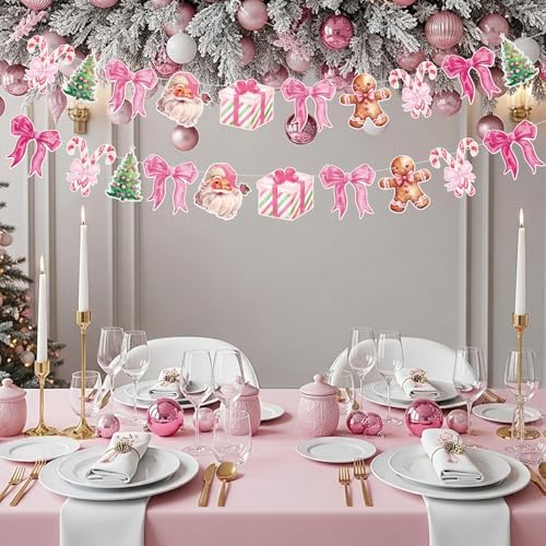 Oudain 2 Pack Pink Christmas Paper Garland 6.56 Ft Santa Gingerbread Bow - Image 4