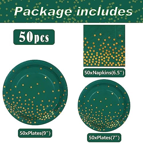 150 PCS Green and Gold Party Decorations,50 Guests Green Plates and Napkins Party Supplies,Golden Dot Paper Plates for Birthday Wedding Christmas - Image 3