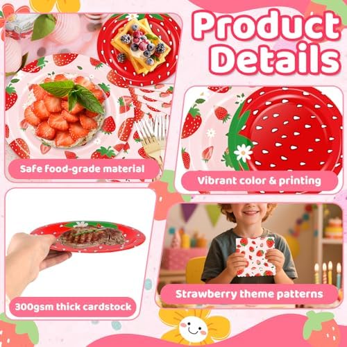 Strawberry Paper Plates and Napkins Set, Strawberry Birthday Decor, 50 Set - Image 4