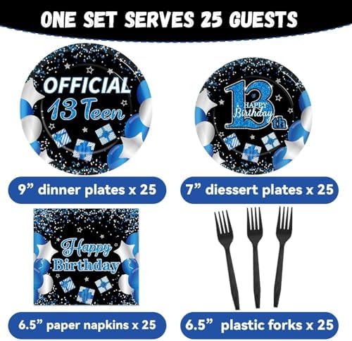 100 Pcs 13th Birthday Decorations for Boys Official Teen 13th Supplies Plates Napkins Forks Set Disposable Blue 13th Birthday Tableware Paper Plates Dinnerware for Kids Teenager Favors Serve 25 - Image 2