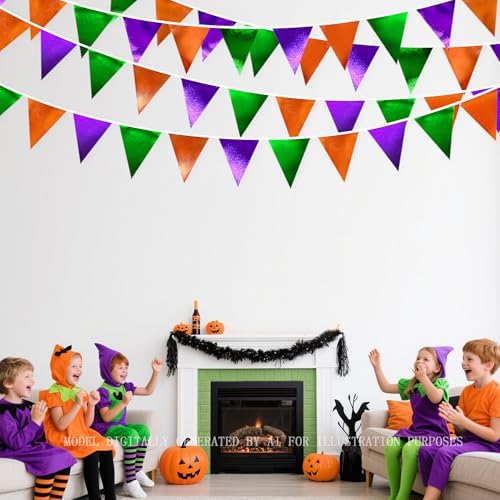Halloween Party Decorations Metallic Fabric Green Orange Purple Triangle Pennant Banner Flag Bunting for Trick or Treat Spooky Hey Boo Happy Halloween Holiday Birthday Baby Shower Party Supplies - Image 4