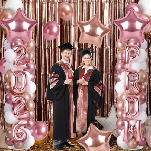 2 Sets Graduation Balloon Column Stand Kits with 132 PCS Rose Champagne Gold Latex Balloons 2026 Letters 6.5 Ft Adjustable Metal Tube Telescopic Tower Pillar with Base for Graduation Party Decoration - Image 2