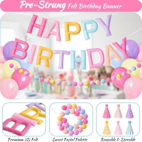 Kriyokiaa Pastel Rainbow Happy Birthday Banner Set with Party Hats - Image 3
