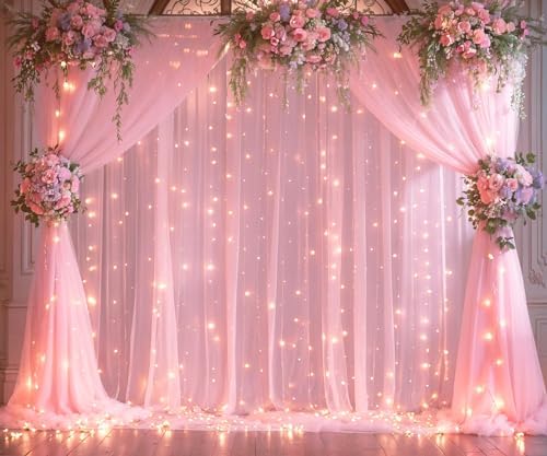 Pink Backdrop Curtains with Lights String for Baby Shower Girl Parties Sheer Tulle Backdrop Curtain Panels for Birthday Party Bridal Shower Photo Shoot Background Decorations 10×10ft (2 Panels 5×10ft) - Image 2
