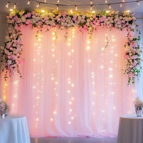 Tulle Backdrop Curtains with Lights Pink 10x10ft Sheer Curtain Backdrop - Image 7