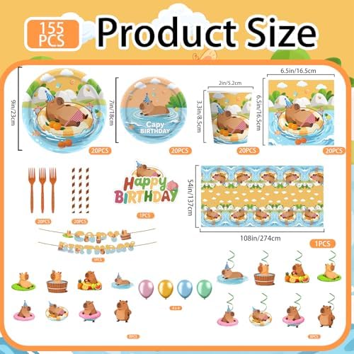 Capybara Birthday Decorations Tableware Set, Includes Banner, Cake Topper, Balloons, Plates and Napkins for Capybara Birthday Party, Service 20 Guests - Image 4