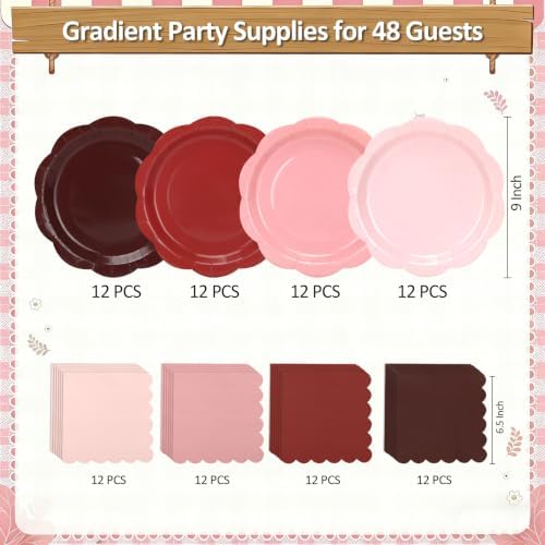96Pcs Pink and Burgundy Paper Plates and Napkins Serves 48,9 Inch Gradient Disposable Plates,6.5" Scalloped Napkins Tableware for Bridal Shower,Girl Birthday, Wedding,Valentine’s Day - Image 3
