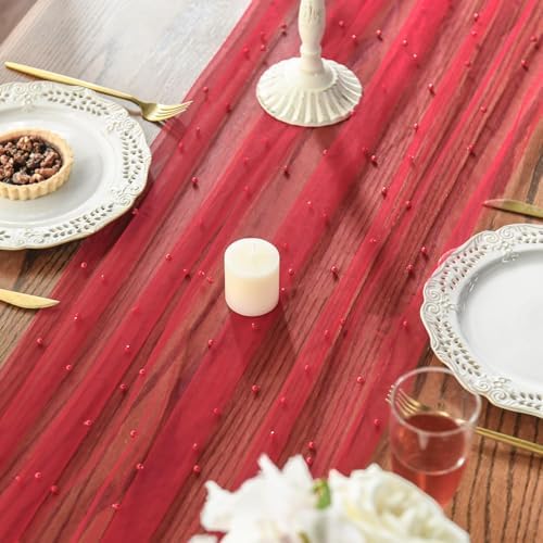 Artoid Mode 10-Pack Pearl Red Gauze Table Runner 10FT Home Decor - Image 4